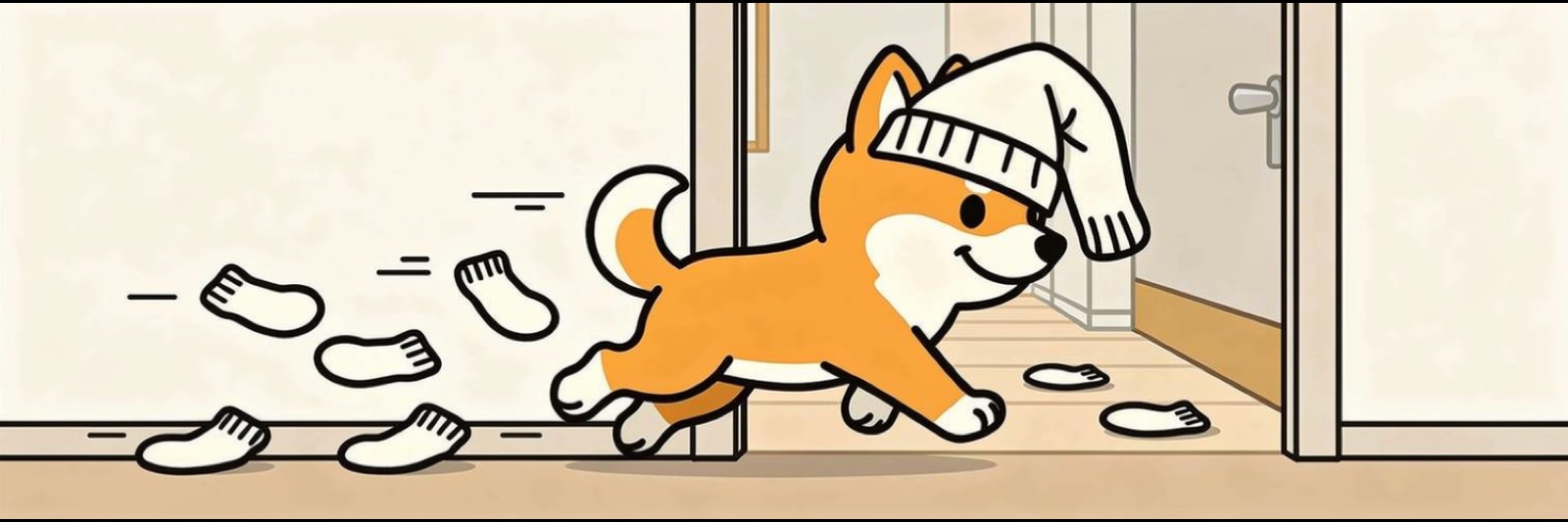 Sockinu running down a hallway in her sock hat with loose socks scattered on the floor behind her