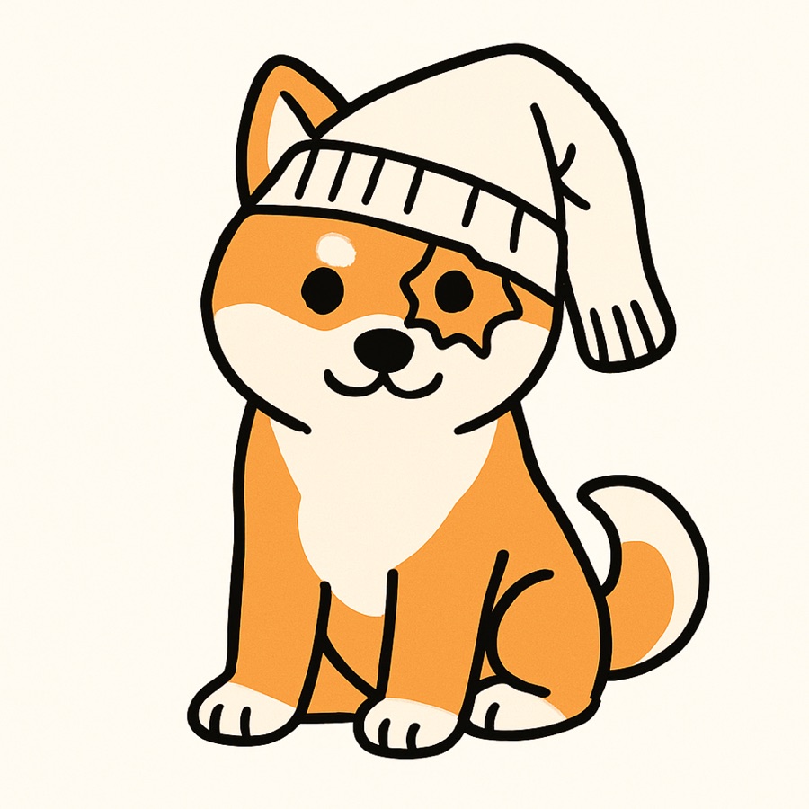 Sockinu, an orange and cream shiba inu sitting upright with a torn white sock pulled over her head like a hat, one eye peeking through the hole
